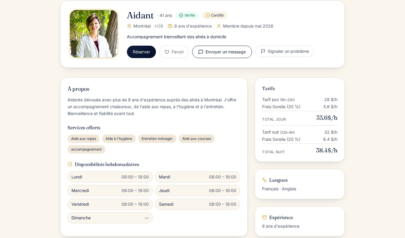 Consultez un profil d'aidant complet avant de réserver.